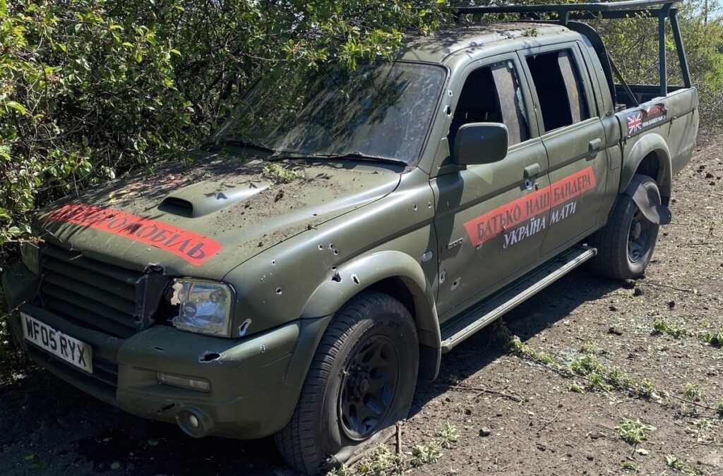 A pickup donated to the Ukrainian Army, and armoured by Car for Ukraine to protect soldiers from shelling.