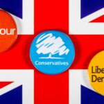 Union Jack with labour, conservative and Lib Dem badges on top