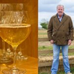 picture on left shows bottle of Hawkstone beer, and right, Jeremy Clarkson next to a Clarkson's Farm sign