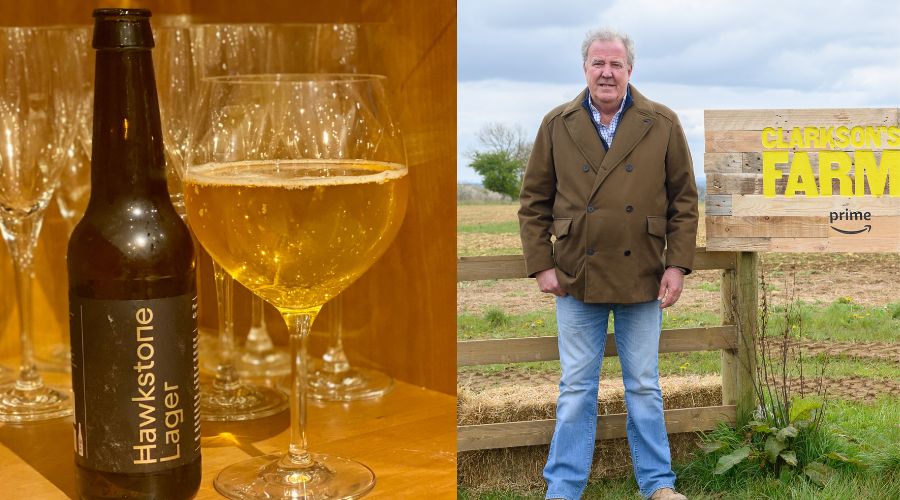 picture on left shows bottle of Hawkstone beer, and right, Jeremy Clarkson next to a Clarkson's Farm sign