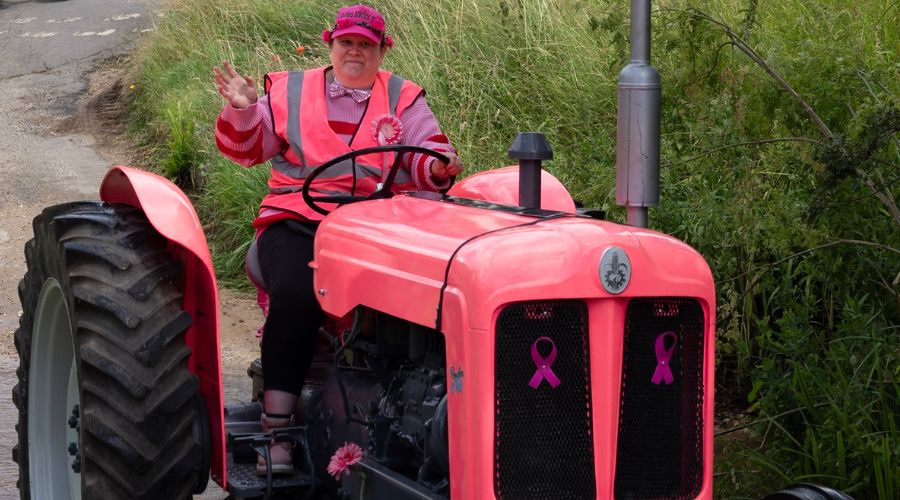 bright pink tractor at the pink ladies tractor road run