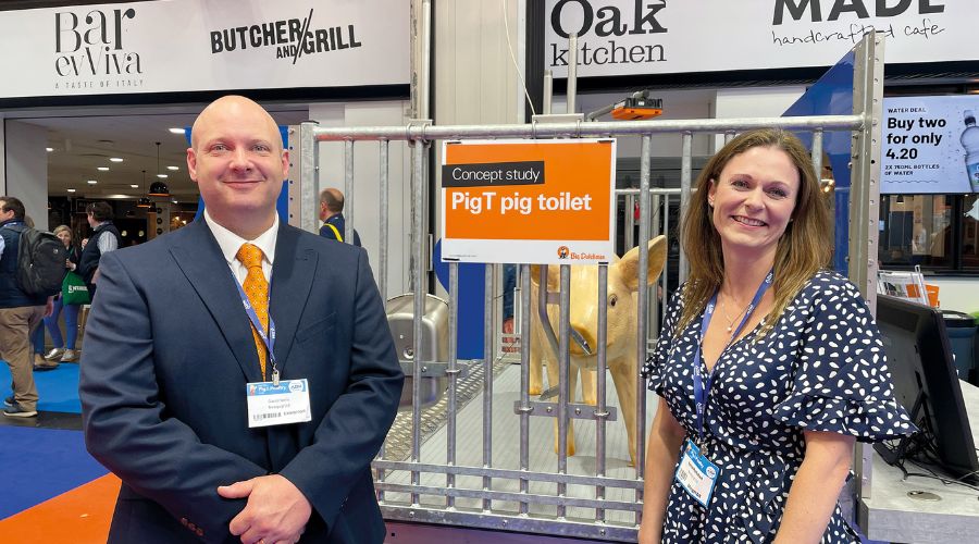 Newquip’s David Harris and Anna McMahon with the PigT Pig Toilet.