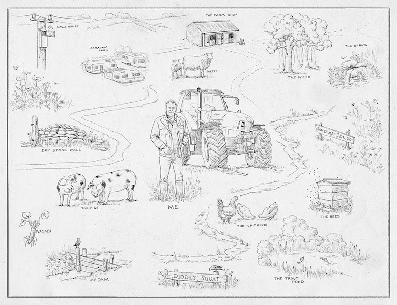 pencil illustration showing a map of Jeremy Clarkson's farm, showing pigs, wasabi, a dam, chickens, trout pond, bees, sheep, woodland, farm shop, a spring, and Jeremy in the centre with his Lamborghini tractor