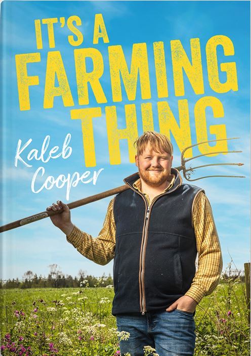 Book cover for Kaleb Cooper's new book, titled It's a Farming Thing in Yellow, with a picture of Kaleb Cooper standing in a field holding a rake. 