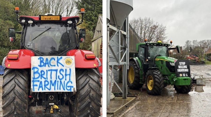 picture on the left: red tractor with a sign saying Back British Farming. Picture on the left: John Deere tractor with sign saying 'Stop killing farming'