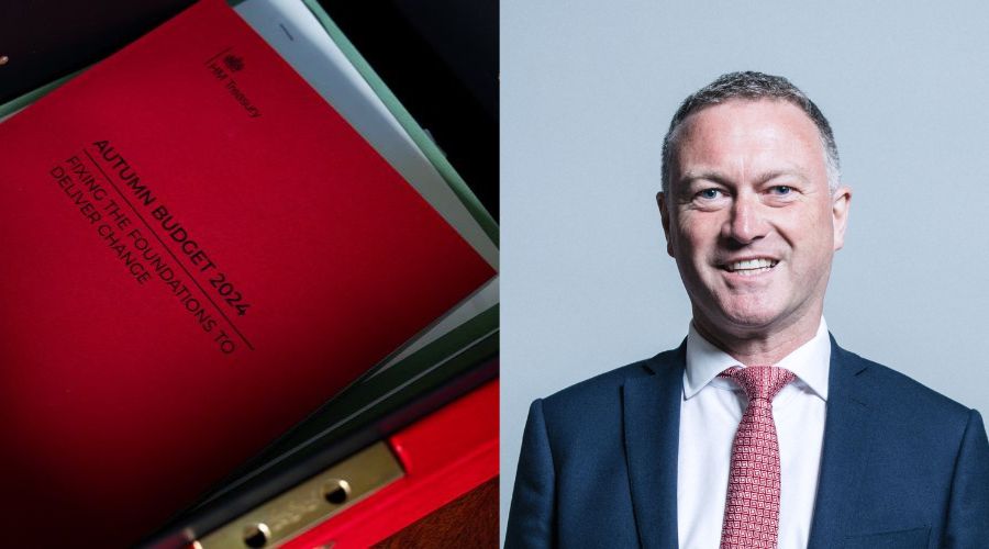 image on left: red autumn budget report, image on right: Steve Reed, Defra environment secretary, wearing a dark suit with a grey background