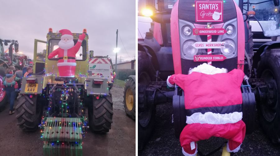 two pictures, on the left a tractor with an inflatable Santa on the front and on the right, close up of the front of a tractor with a squashed Santa on it and sign saying Santa's grotto, Gingerbread Lane, Elves' workshop and reindeer stables