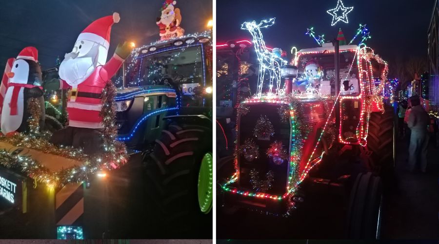 two pictures, on the left a lit up tractor with tinsel and inflatable Santa and penguin on the front, on the left a tractor covered in multi coloured lights and a light up reindeer on the bonnet and stars poking out of the roof