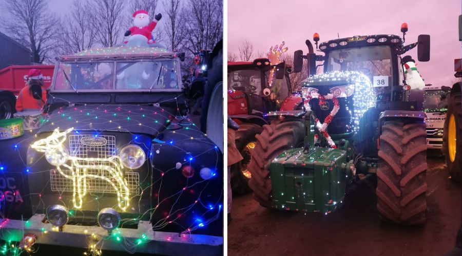 on the left a picture of a Land Rover with lights on it and a reindeer on the front and inflatable Santa riding an elephant on the back. On the right a tractor with lights and two candy canes in a heart shape on the front