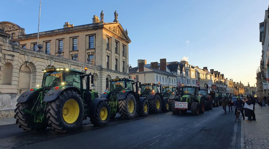 tractor protest in Oxford - tractors line up outside the venue