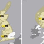 map on left shows yellow weather warning for wind covering most of the UK, except the right lower corner. Left map shows yellow wind warning in northern England and Scotland