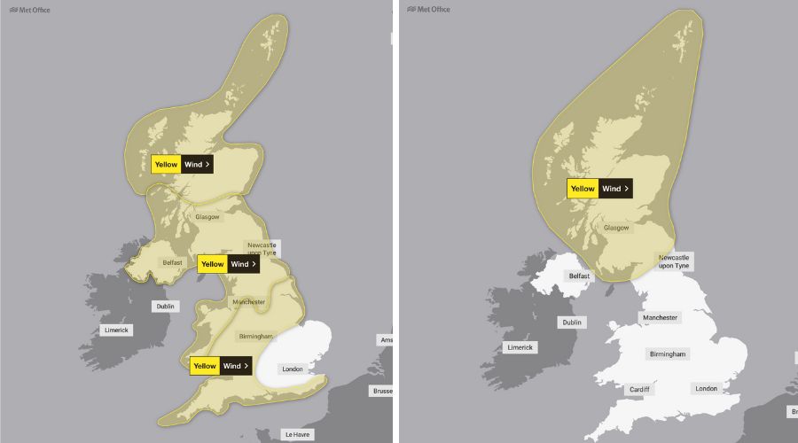 map on left shows yellow weather warning for wind covering most of the UK, except the right lower corner. Left map shows yellow wind warning in northern England and Scotland 