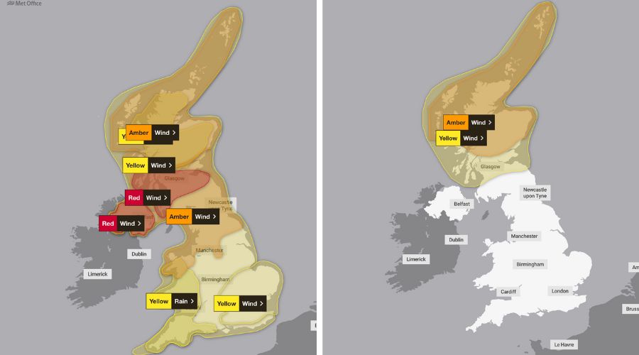 two UK maps with colour coded weather warnings. On the left, the map for Friday shows most of the UK covered in a yellow wind and rain warning, plus amber wind warning for the mid to upper part of the country, and red wind warning for mid section. On the right the map for Saturday shows yellow and amber warnings for wind for the top part of the country. 