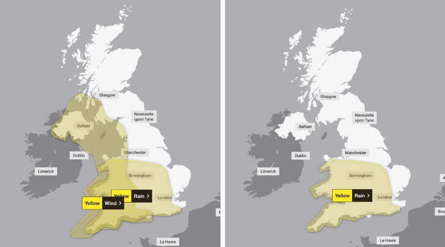 two uk maps showing yellow wind and rain warnings for the west and south of the country on Sunday and yellow rain warnings for the south on Monday 