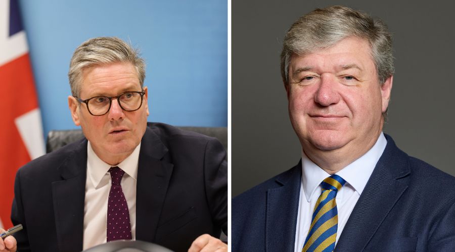 portraits of Keir Starmer on the left and Alistair Carmichael on the right