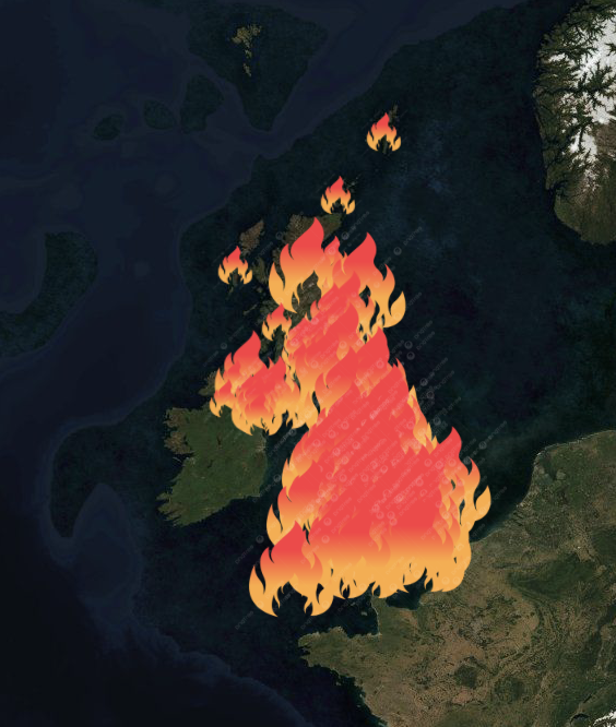 map of UK with flames showing where farmers have signed up to light a beacon