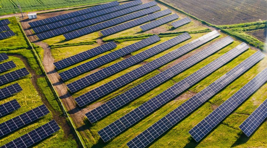 Big solar panel field in sunlight Photovolt