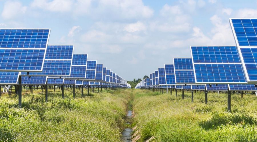 Solar panel field with trench through middle Photovolt