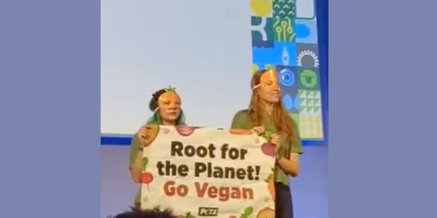 two protesters on stage at the NFU conference wearing carrot masks and holding a sign saying Root for the planet go vegan