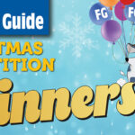 light blue background, with Farmers Guide logo and Christmas competition winners written in yellow, next to a cartoon of two cows holding onto coloured balloons