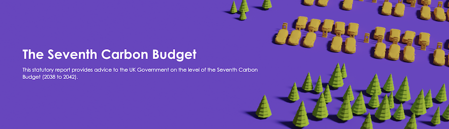 screenshot of the top of the report, saying seventh carbon budget on a purple background with tree and car icons 