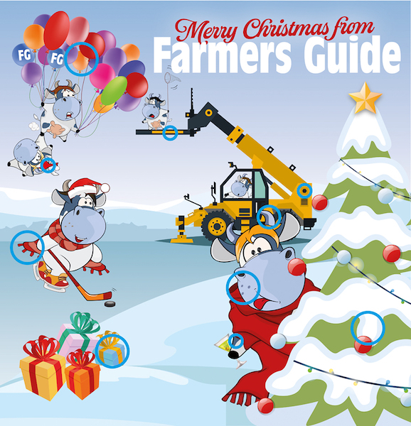 spot the difference picture showing Christmas tree, tele handler, pile of presents, a cow using a hockey stick, a cow holding a cocktail by the tree, two cows holding coloured balloons, a cow on top of the loader and one driving the loader. 10 differences are circled on the picture 